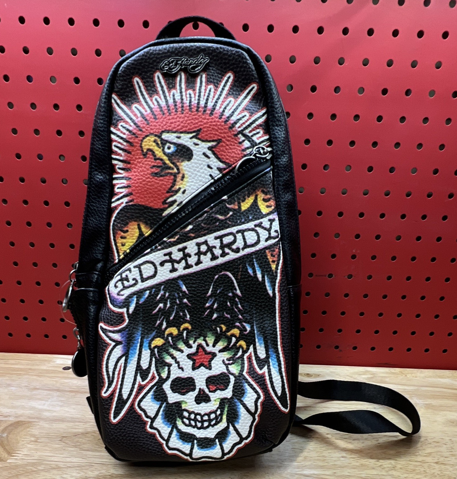 Ed Hardy Black Skull Eagle Graphic Sling Bag, Medium, Zip, Adjustable Strap