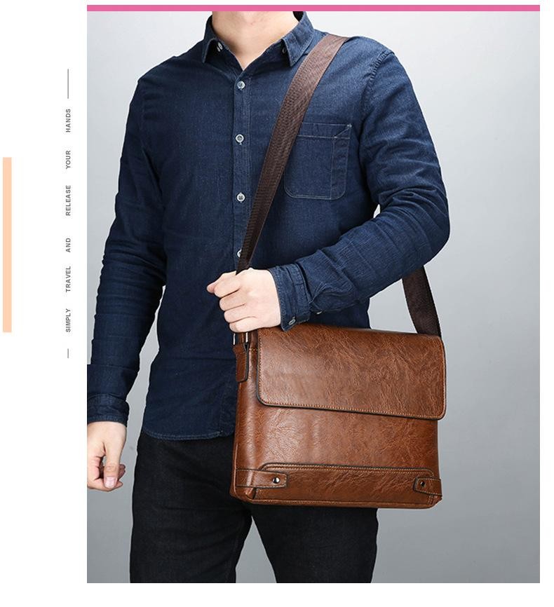 Men’s Solid Color Retro Pu Leather Shoulder Bag, Casual Business Messenger Bag