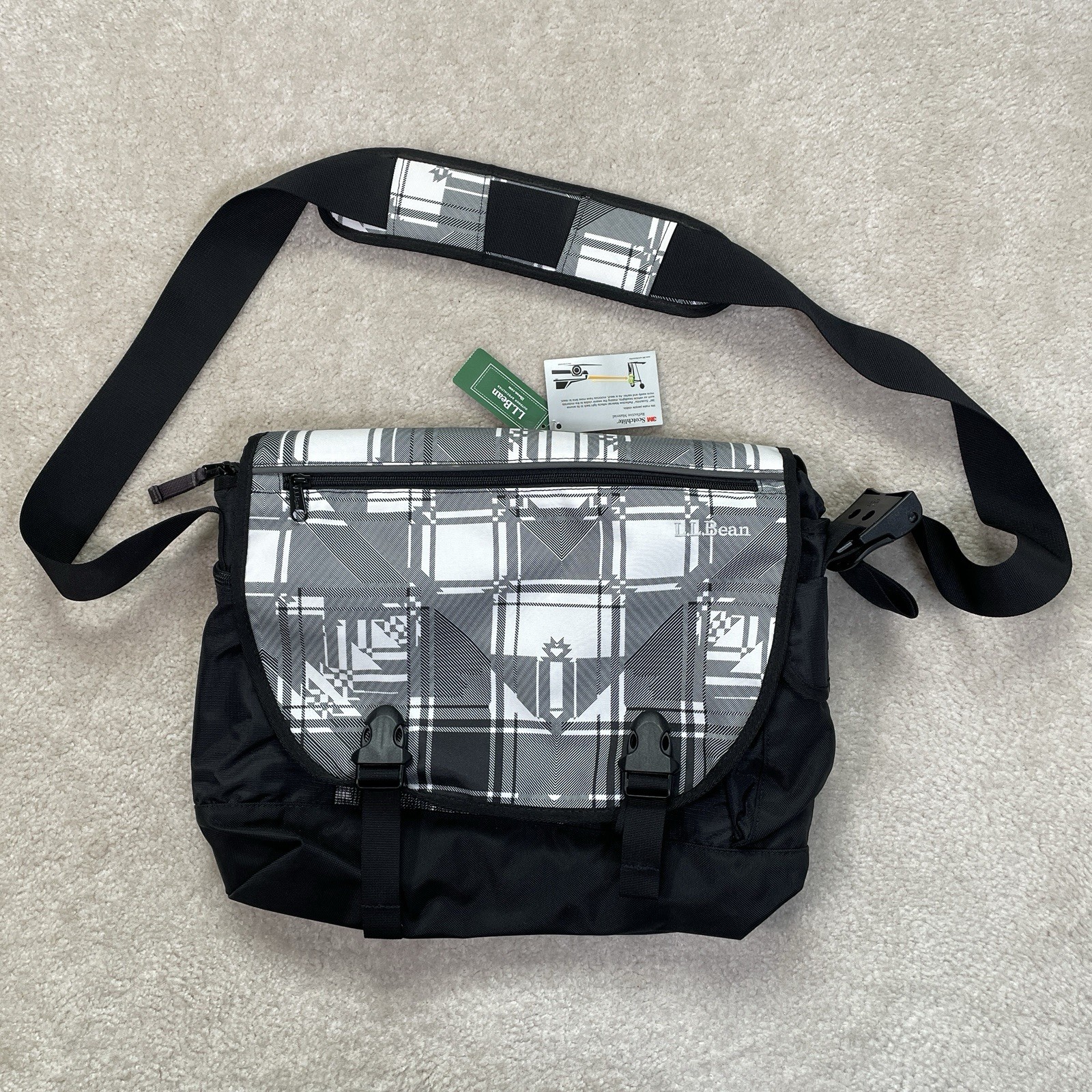 NWT L.L. BEAN Messenger Bag Shoulder Medium Strap Push Lock Logo Black Print