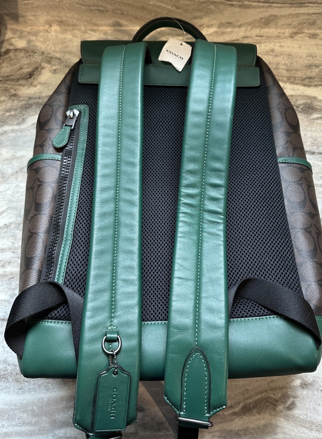 Coach Green/Brown Logo Print Backpack w/ Buckle & Drawstring, Outer Pockets