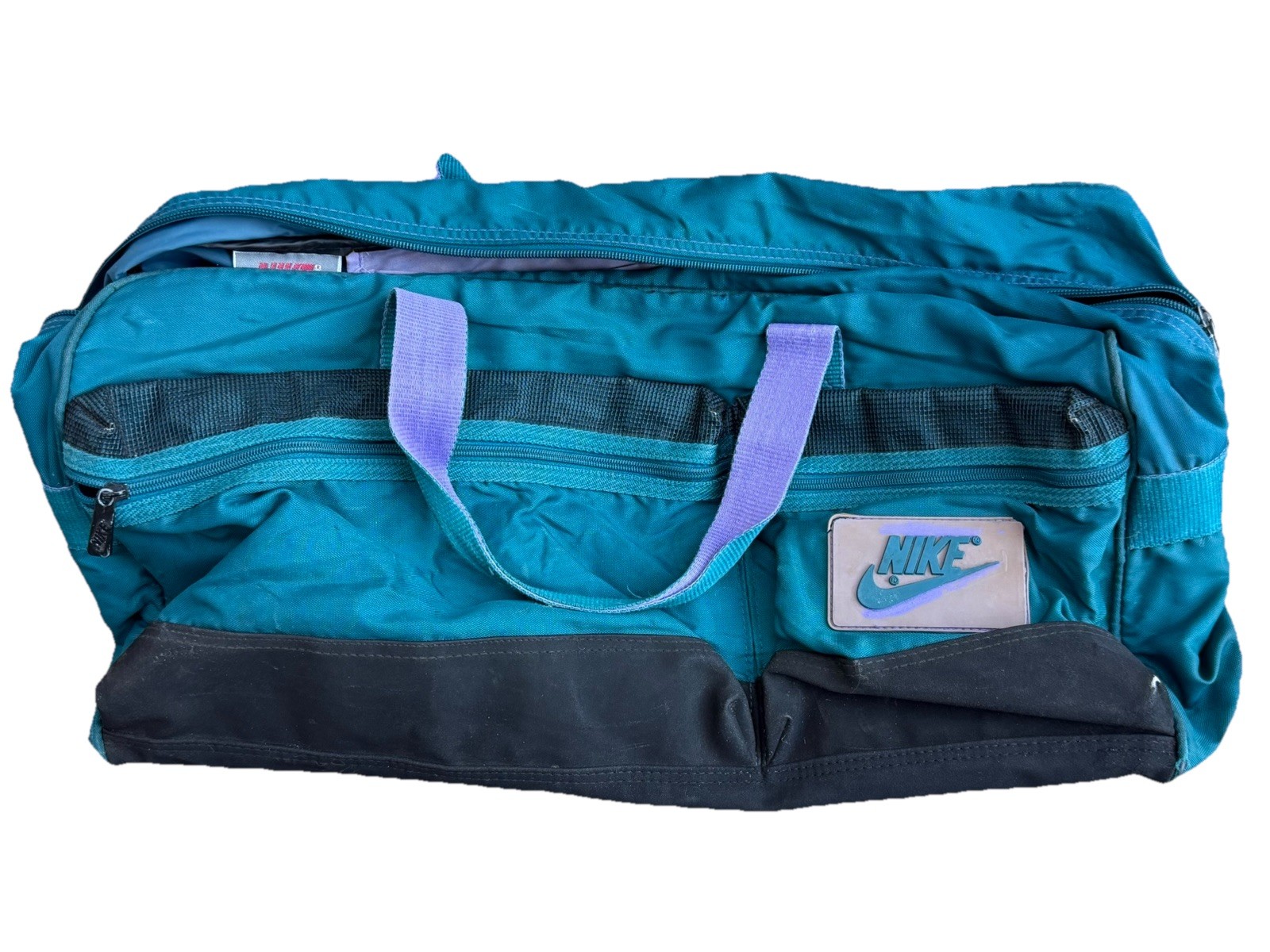 Vintage 80s Nike Duffle Bag Shoulder Strap Teal Purple Gym
