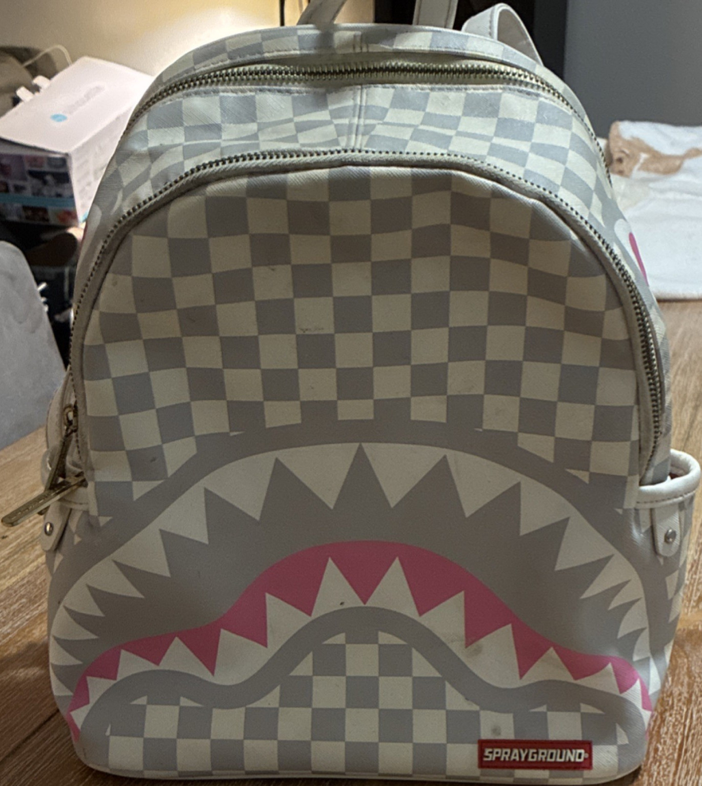 Sprayground Limited Edition Shark Mouth Checkered Backpack, Gray White Pink