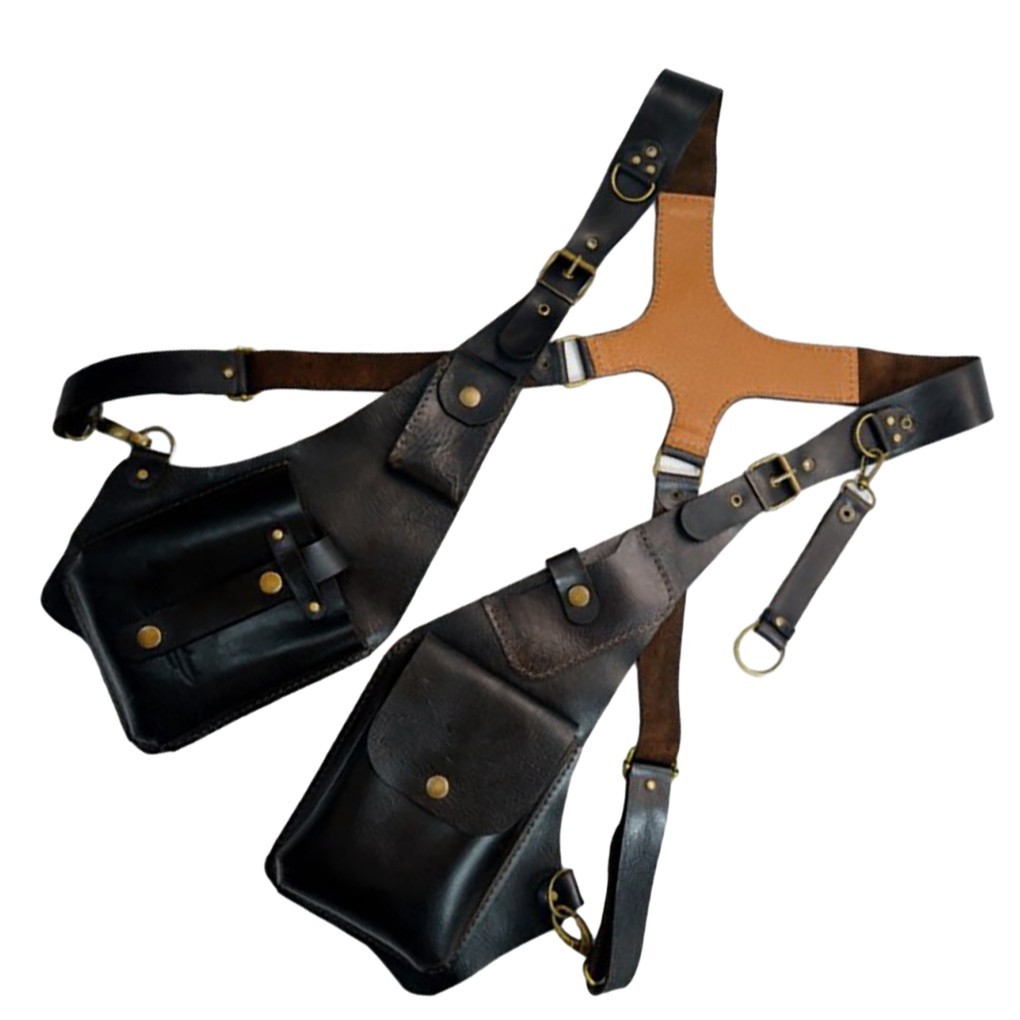 Men Steampunk Shoulder Harness Bag Adjustable PU Leather Chest Holster Black