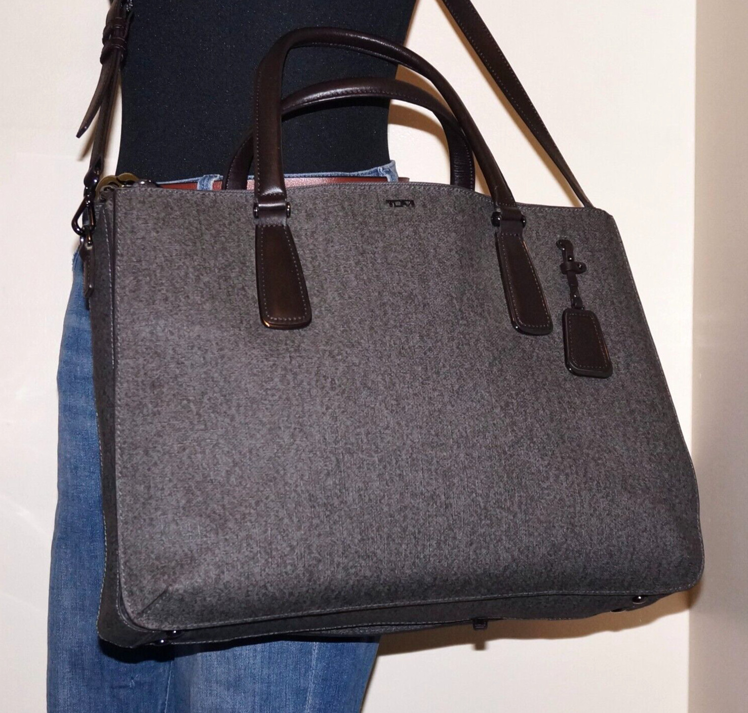 TUMI Large Gray Coated Canvas & Brown Leather Commuter Crossbody Attache’