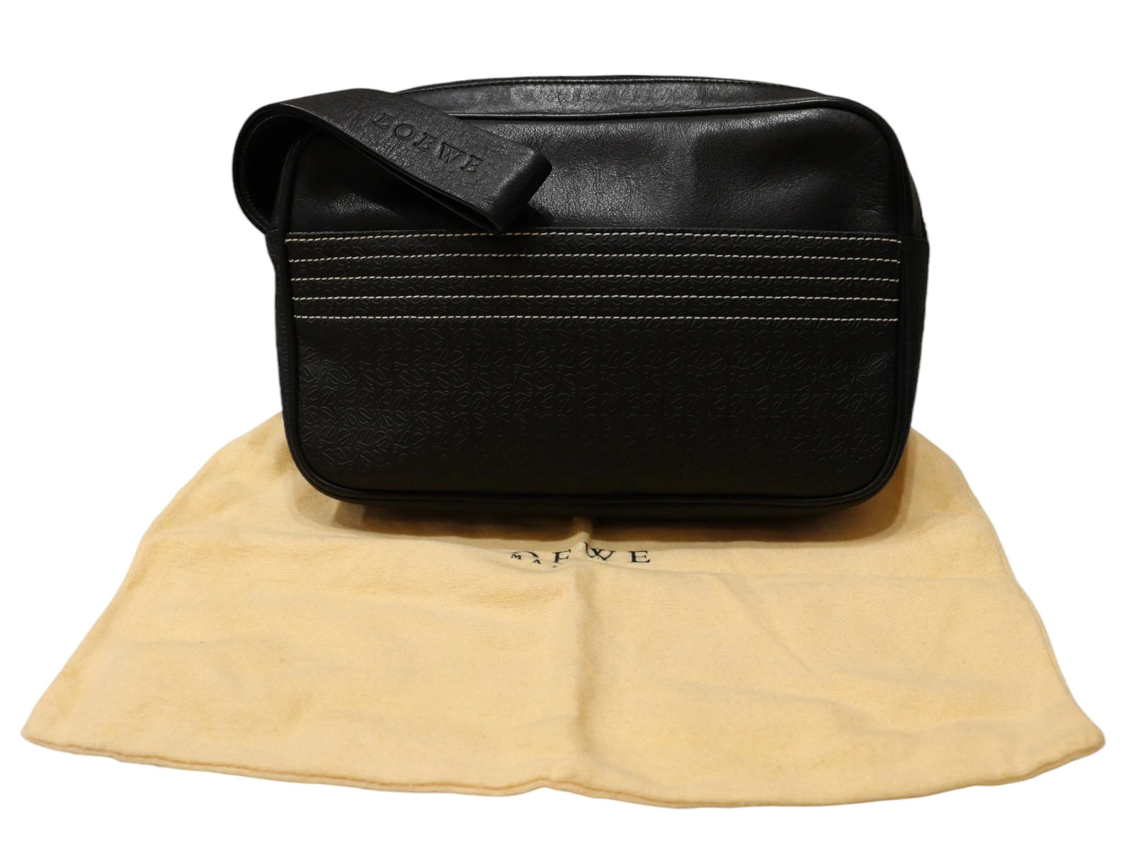 LOEWE Repeat Anagram Clutch Bag Zipper Closure Black Dust Bag