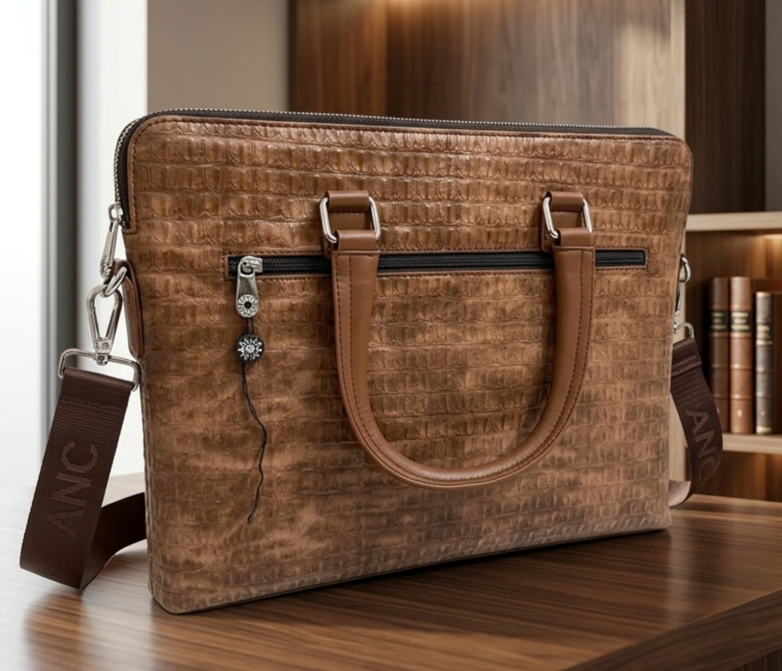 Luxury Montblanc Men’s Brown Crocodile Textured Leather Laptop Bag Briefcase