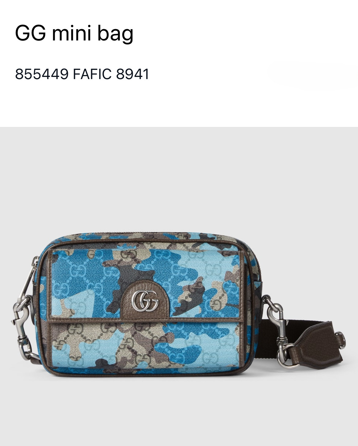 Gucci GG Blue Camo Mini Crossbody Bag Double G Shoulder Bag Authentic