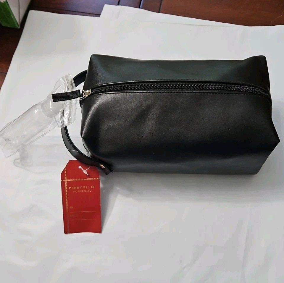 PERRY ELLIS PORTFOLIO Men’s Dark Black Travel Kit W/Travel Bottle & Handle New