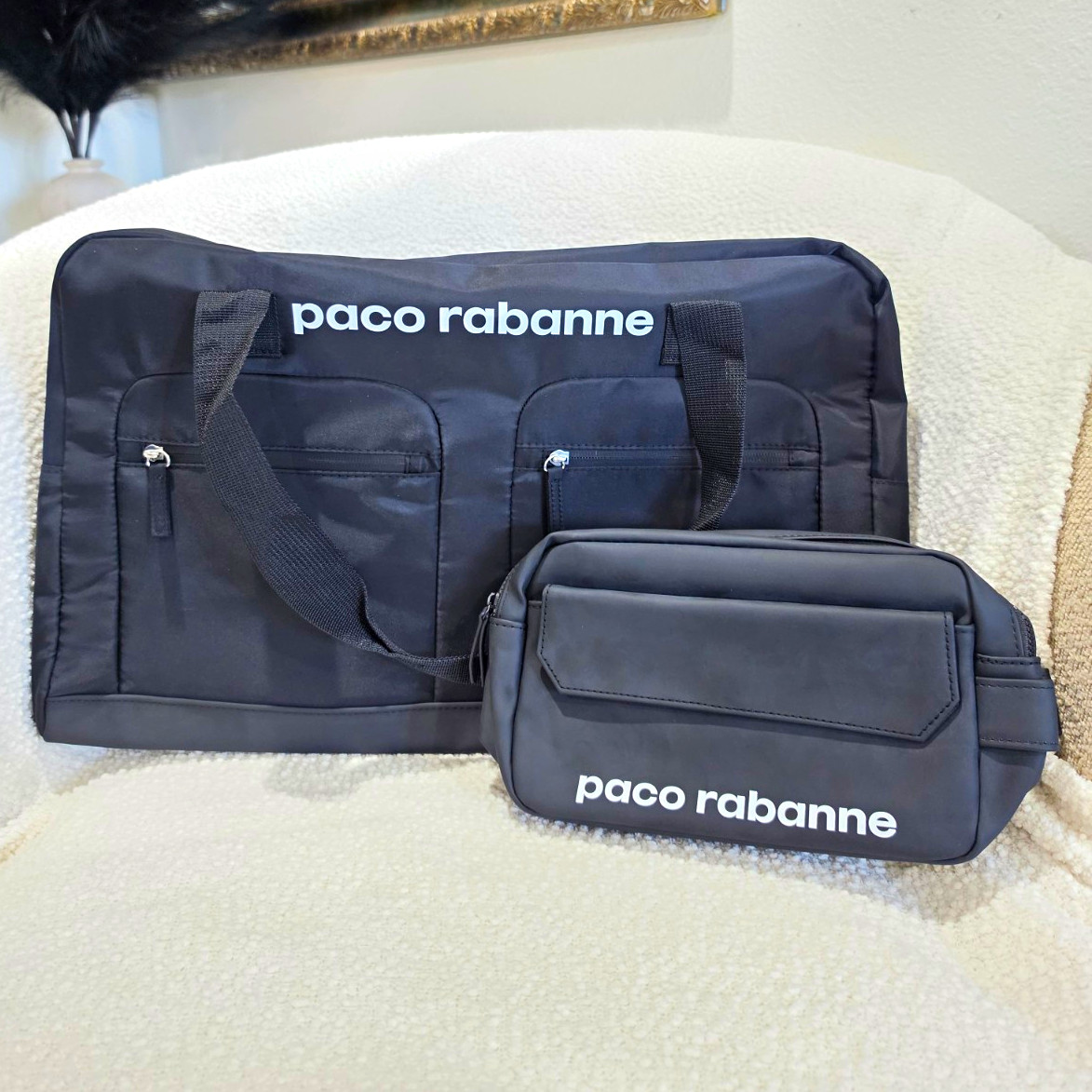 Paco Rabanne Black Duffle Bag + Pouch, Zip Closure, Outer Pockets