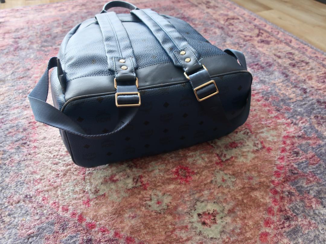 MCM Visetos Studded Backpack Dark Blue Logo Metal Plate 35cm x 40cm x 20cm Rare