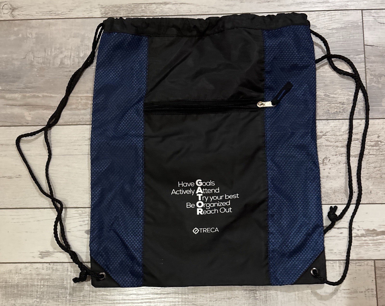 Drawstring String Bag with Zippered Pocket – Black/Blue – 18”x 14.5” – NEW E