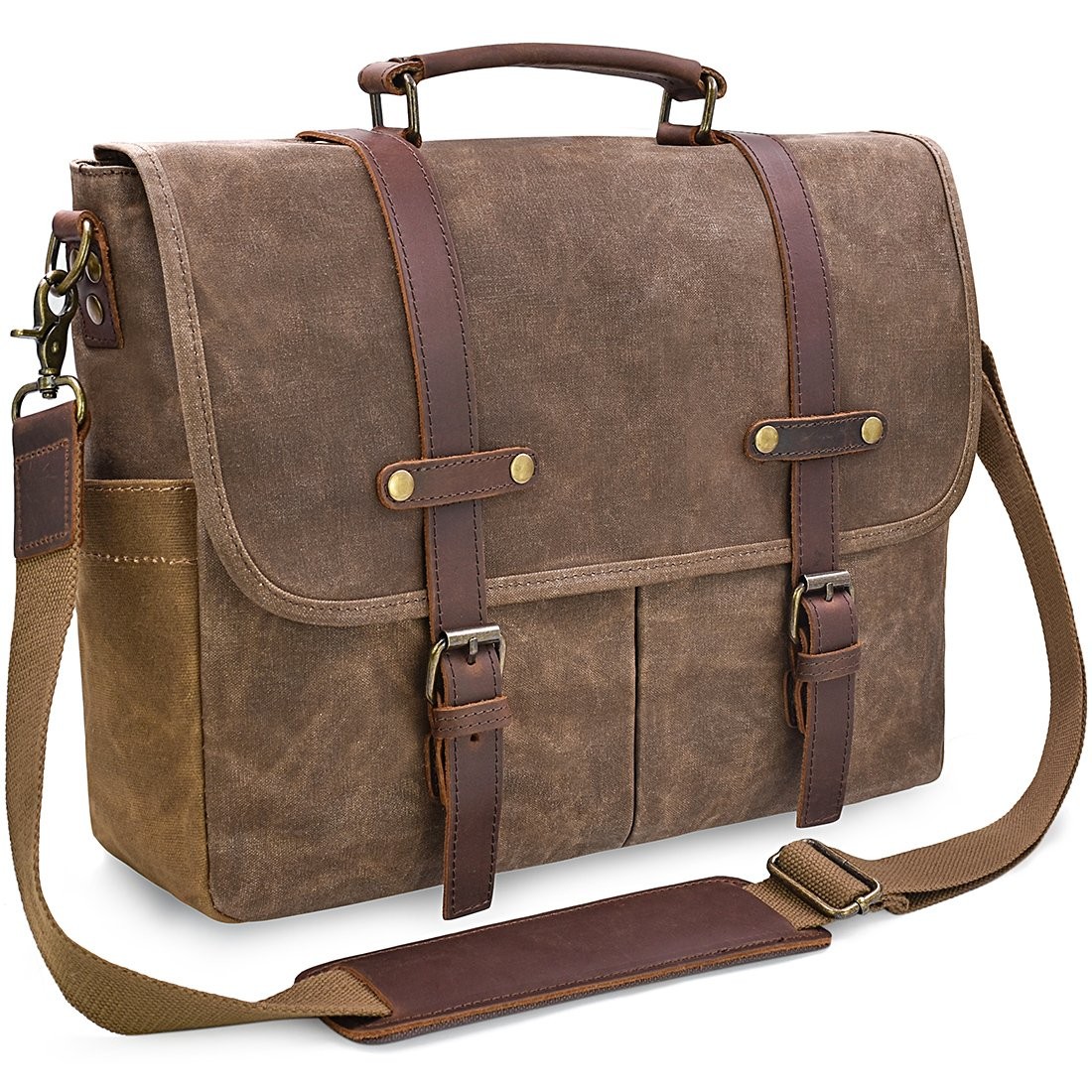 Mens Messenger Bag 15.6 Inch Waterproof Vintage Genuine Leather Large, Brown