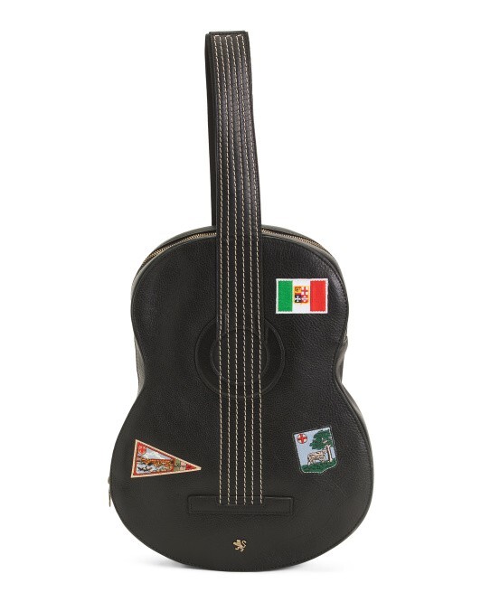 NWT Pratesi Sling Backpack GUITAR SHAPE Black Leather w/Patches (16″ x 12″ x 3″)