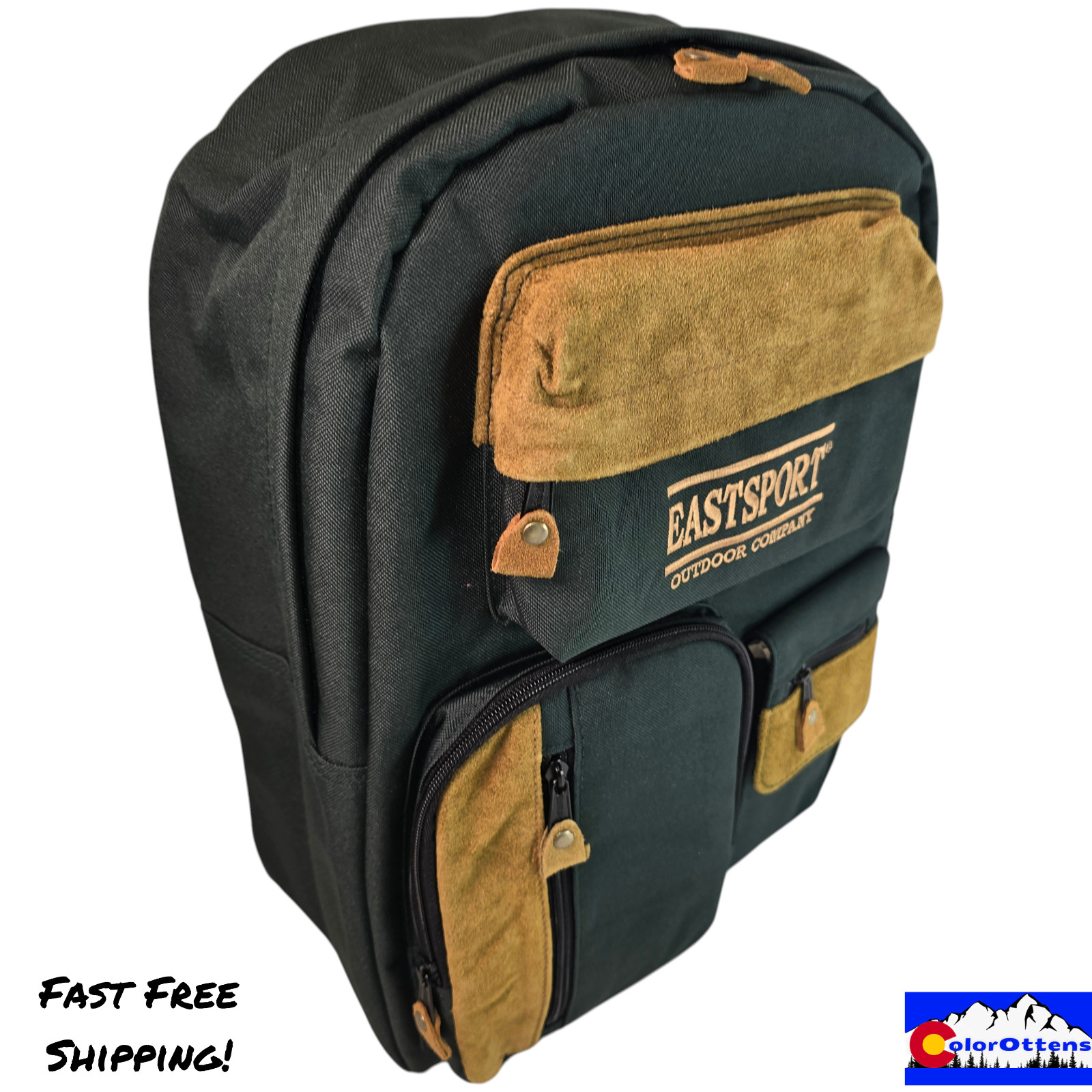 VTG Eastsport Outdoor Company Backpack Forest Green Tan Multi Pocket Backpack