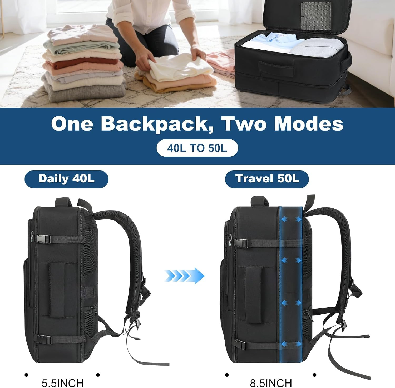 Travel Backpack,Carry on Backpack Expandable 40-50L with USB Cable Port,Fits 17.