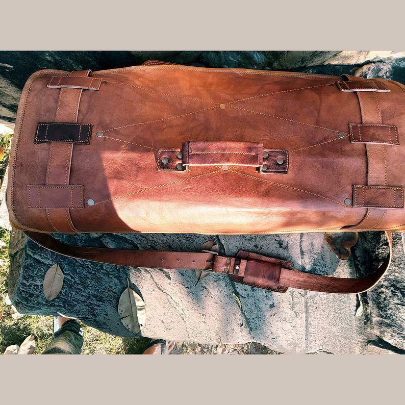 Men Handmade Vintage Brown Leather Luggage Weekender Overnight Travel Duffel Bag