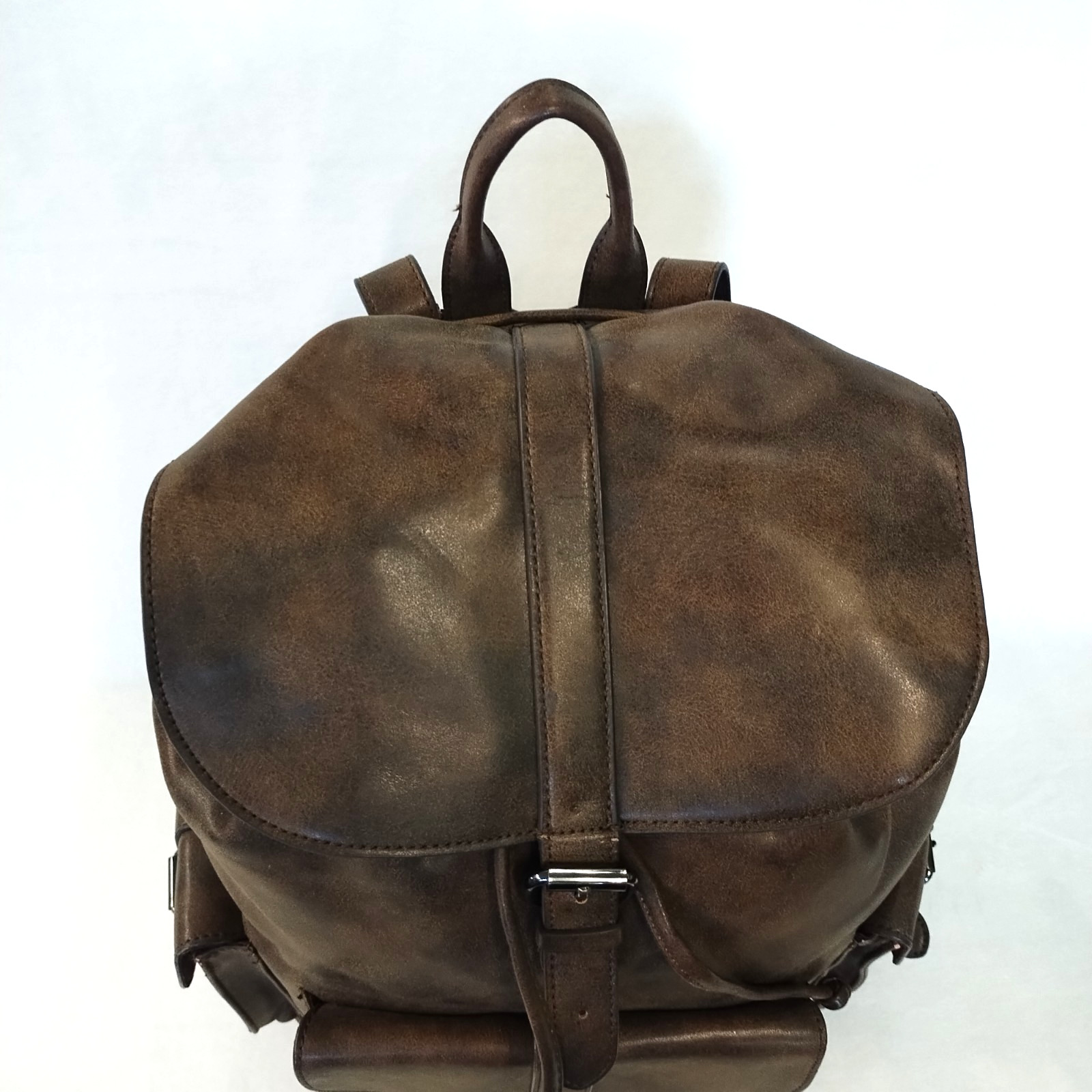 ALDO Brown Faux Leather Bucket Drawstring Backpack Buckle Top Sides GUC