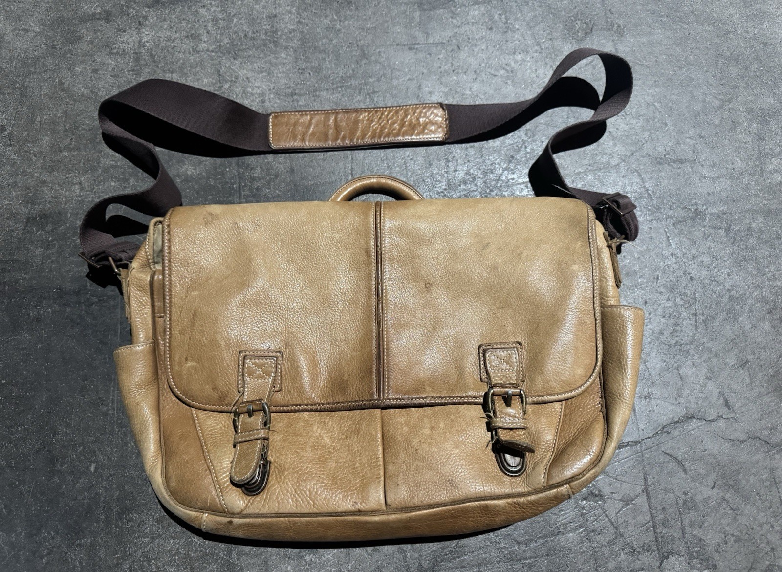 Vtg LL Bean Leather Laptop Messenger Briefcase Bag Tan Brown Expandable Preppy