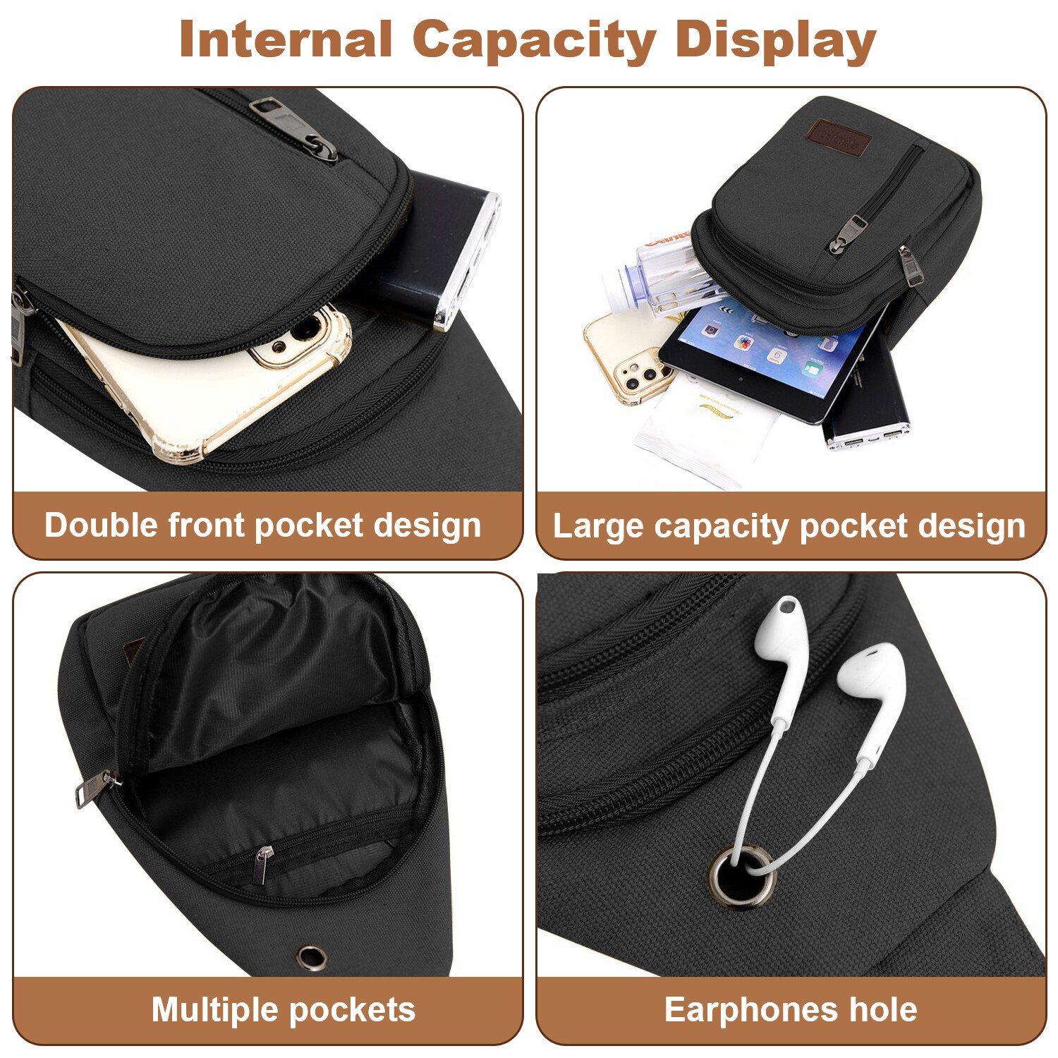Anti Theft Small Sling Bag with HEADPHONE HOLE for Travel Sports Running Hiking