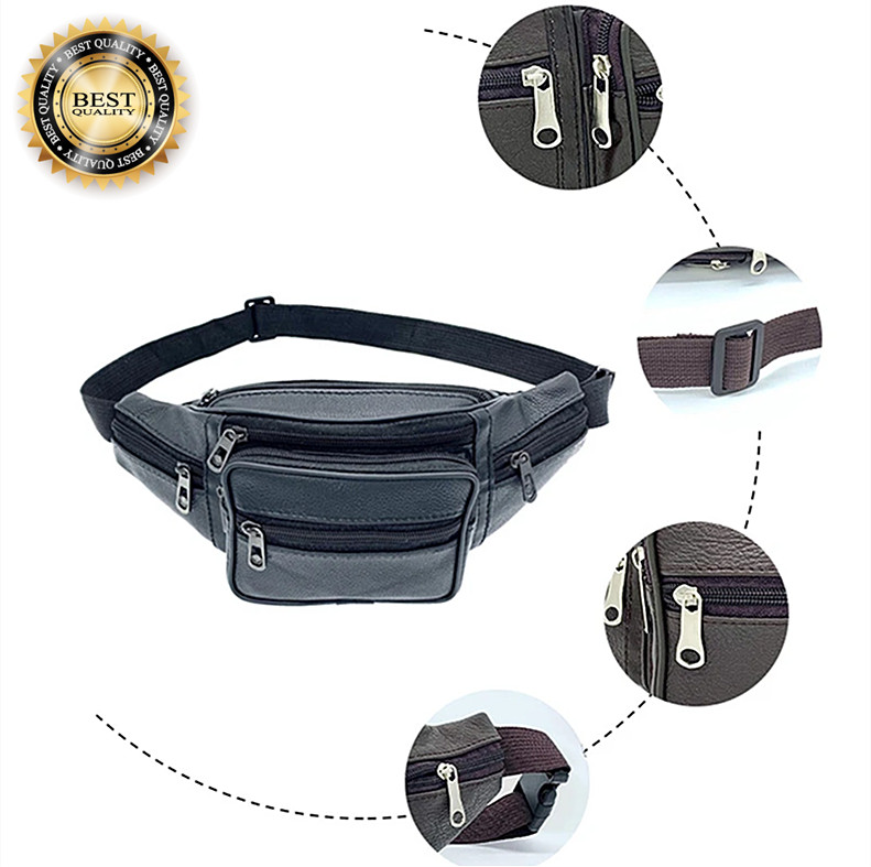 Genuine Leather Multi Zippered Fanny Pack Waist Bag Hip Belt Purse Outdoor Pouch