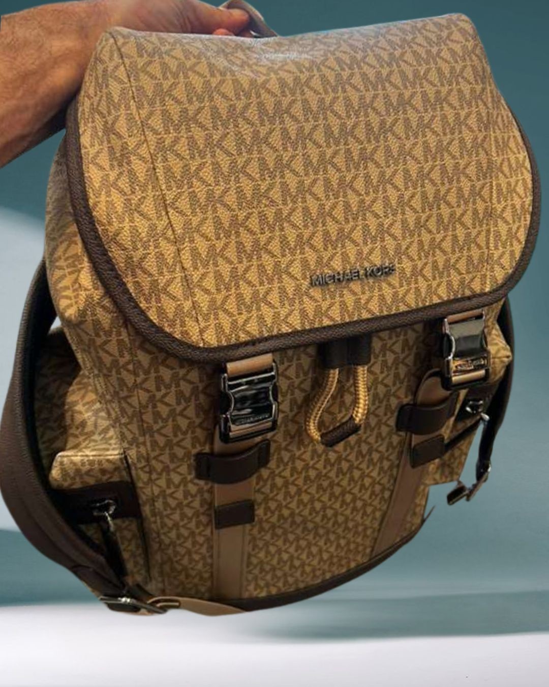 Michael Kors Cooper Men MK Logo Print Canvas Travel School Pocket Backpack Camel