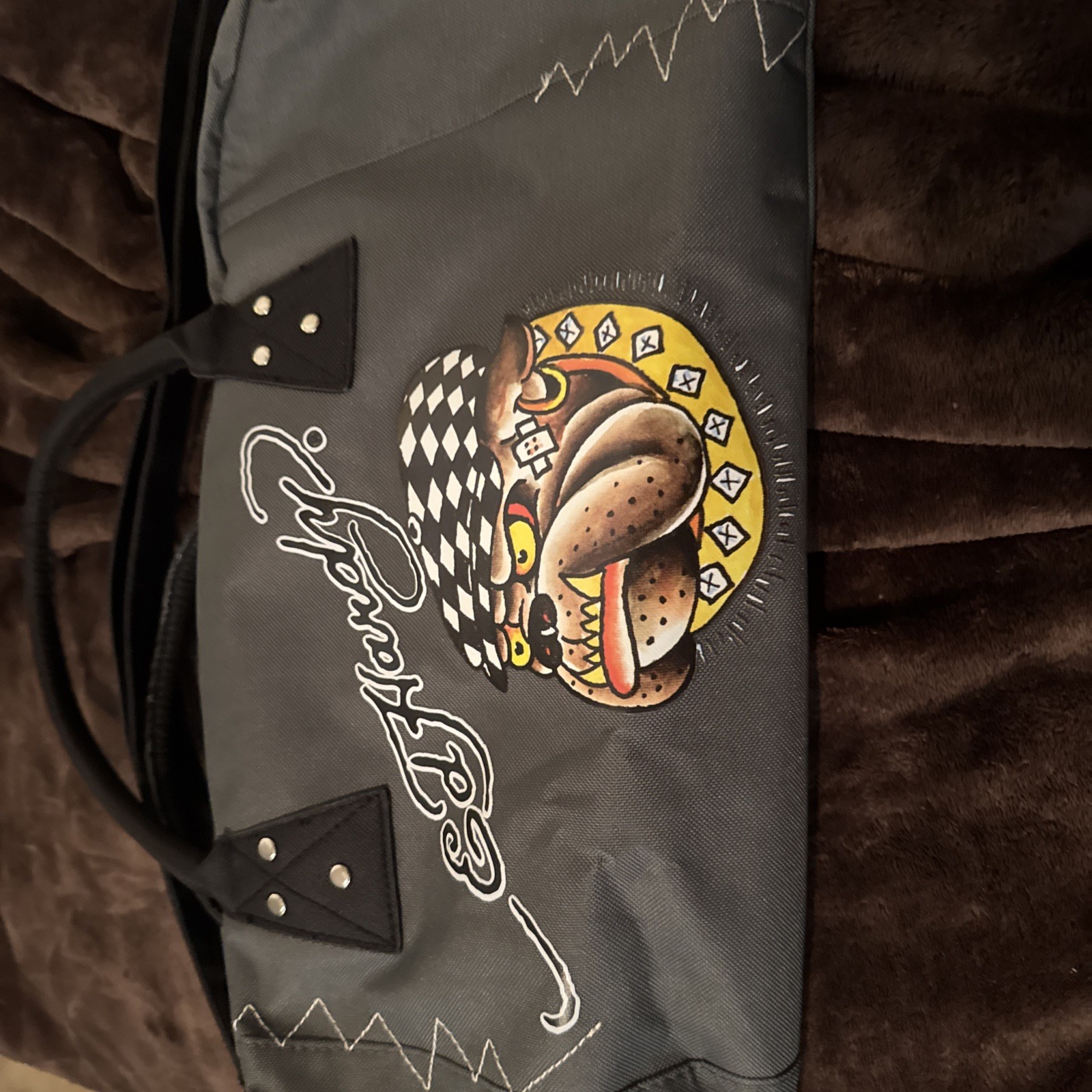 Ed Hardy Graphic Bulldog Love Kills Slowly Canvas Duffel Handle/Shoulder Gym Bag
