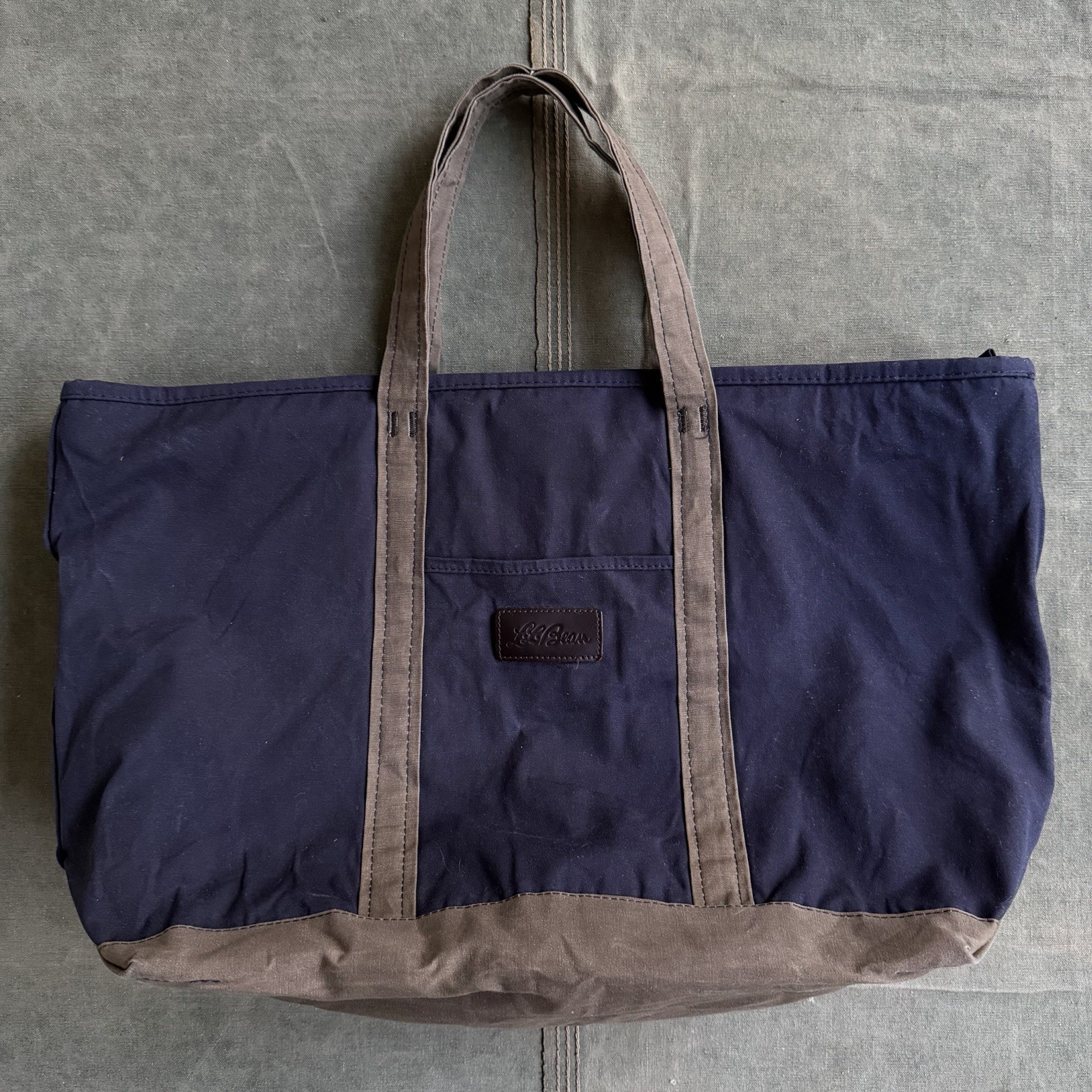 LL Bean Boat & Tote Dark Grey Blue Waxed Canvas Bag Zippered Top Tartan Lining