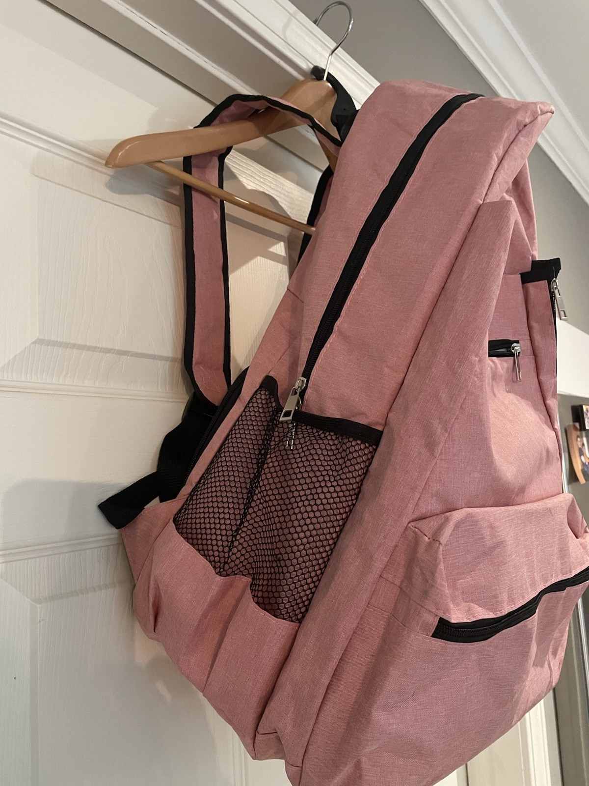 Pink Sling Backpack Crossbody Bag, Zipper Closure, Adjustable Strap, Mesh Pocket