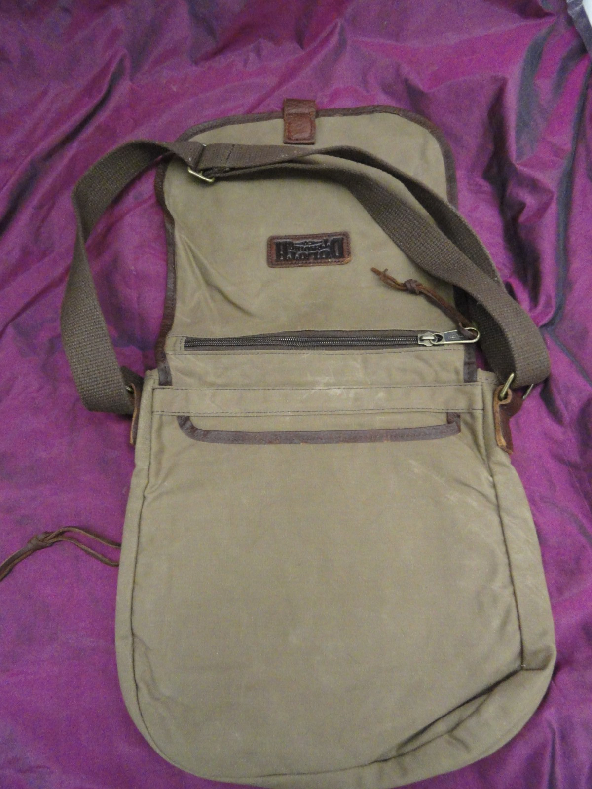 Duluth Trading light brown canvas & leather Satchel messenger bag 13″ x 13″