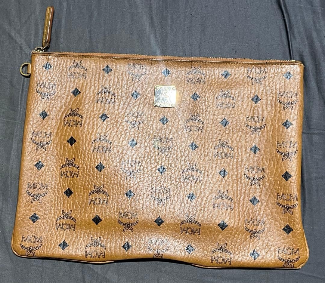 MCM Clutch Bag Brown Monogram Logo Pouch Men’s Handheld Document Case