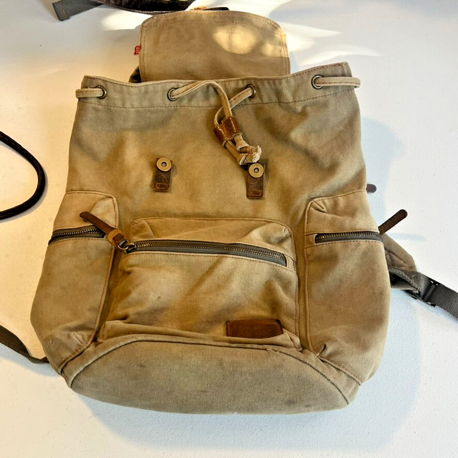 Augur Strauss Backpack Laptop Canvas Drawstring Leather Trim Boho Hiking Unisex