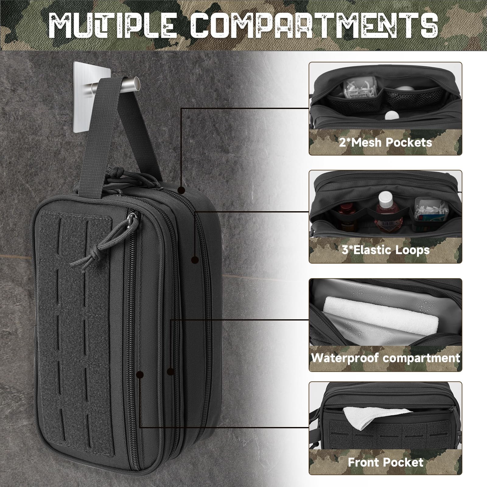 QT&QY Tactical Toiletry Bag For Men 10.4 x 4.3 x 5.9 inches, 1 US Black