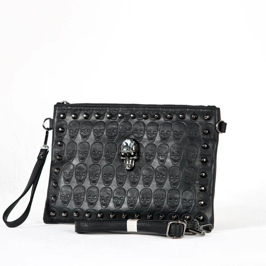 NewStylish Crystal skull studded leather clutch bag