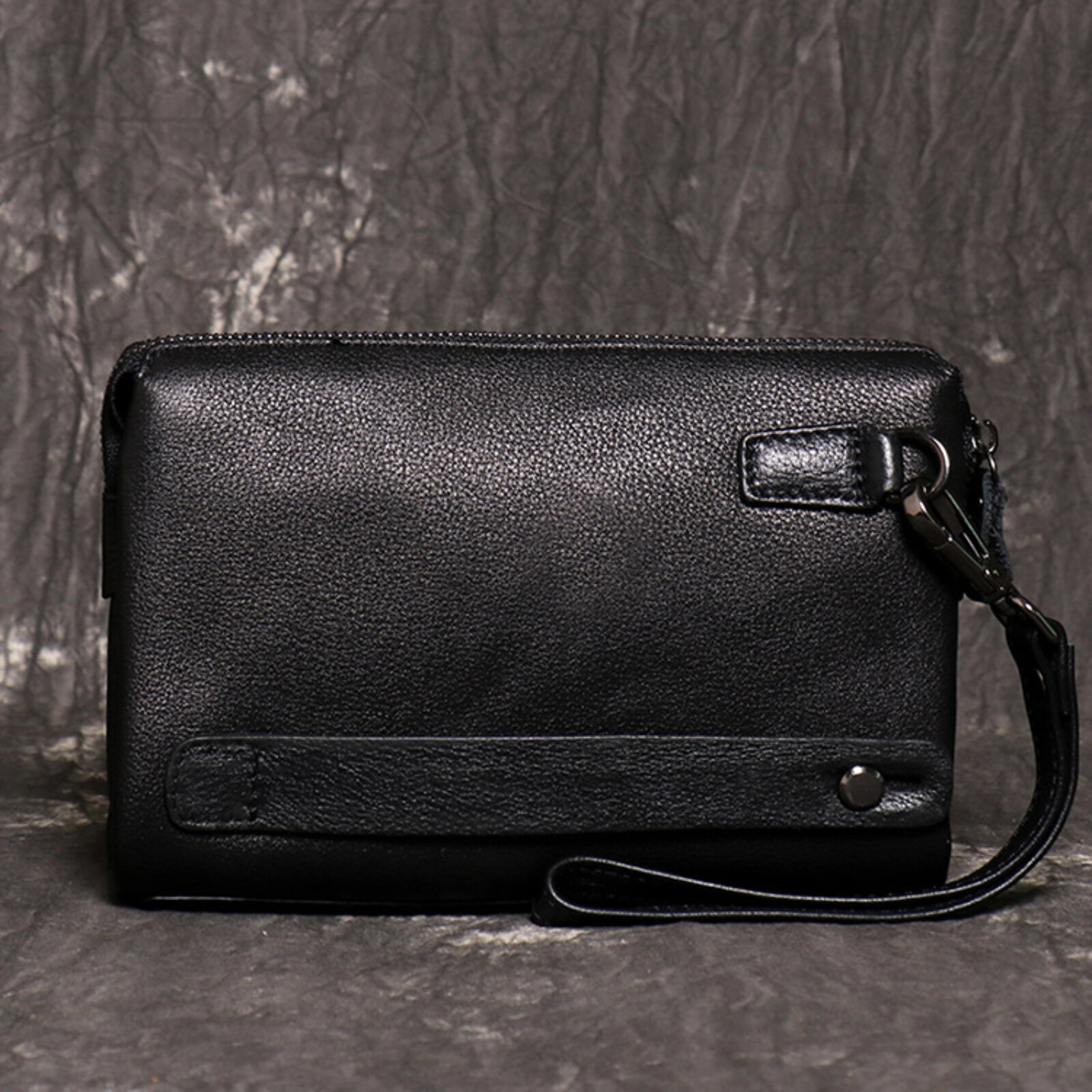 Mens Black Leather Wristlet Genuine Leather Clutch Bag Card Organizer