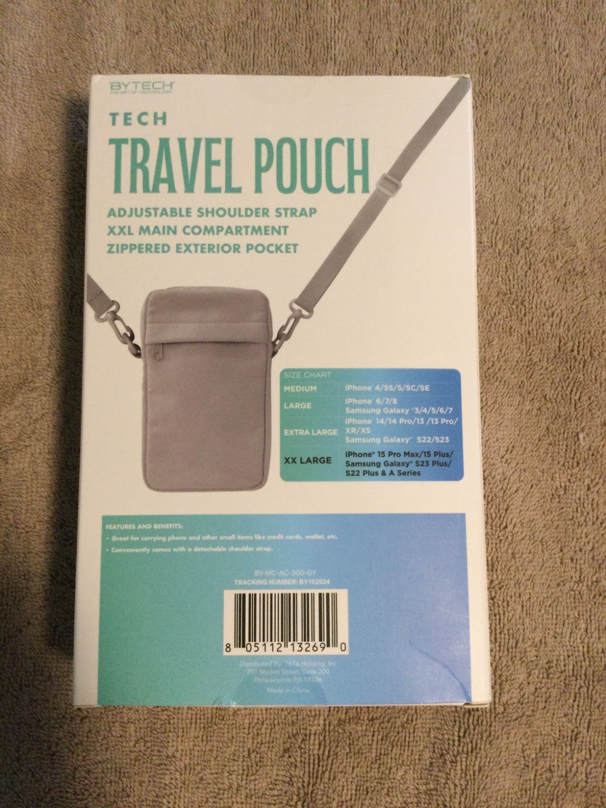 Men’s Tech Travel Gray Pouch XXL Adj Shoulder Strap & Zipper Exterior Pockets
