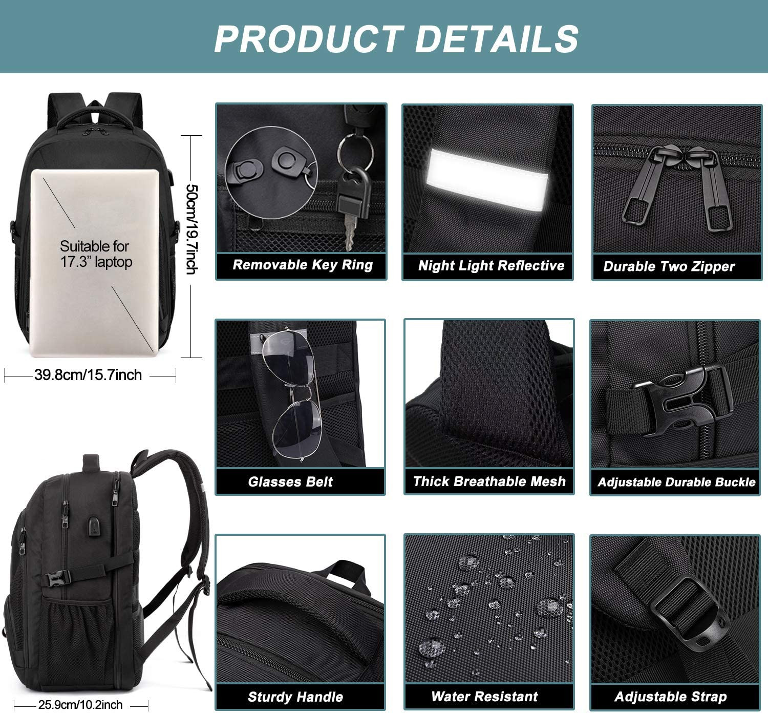 Extra Large Backpack for Men 50L,Water Resistant 17.3 Inch Travel Laptop Backpac