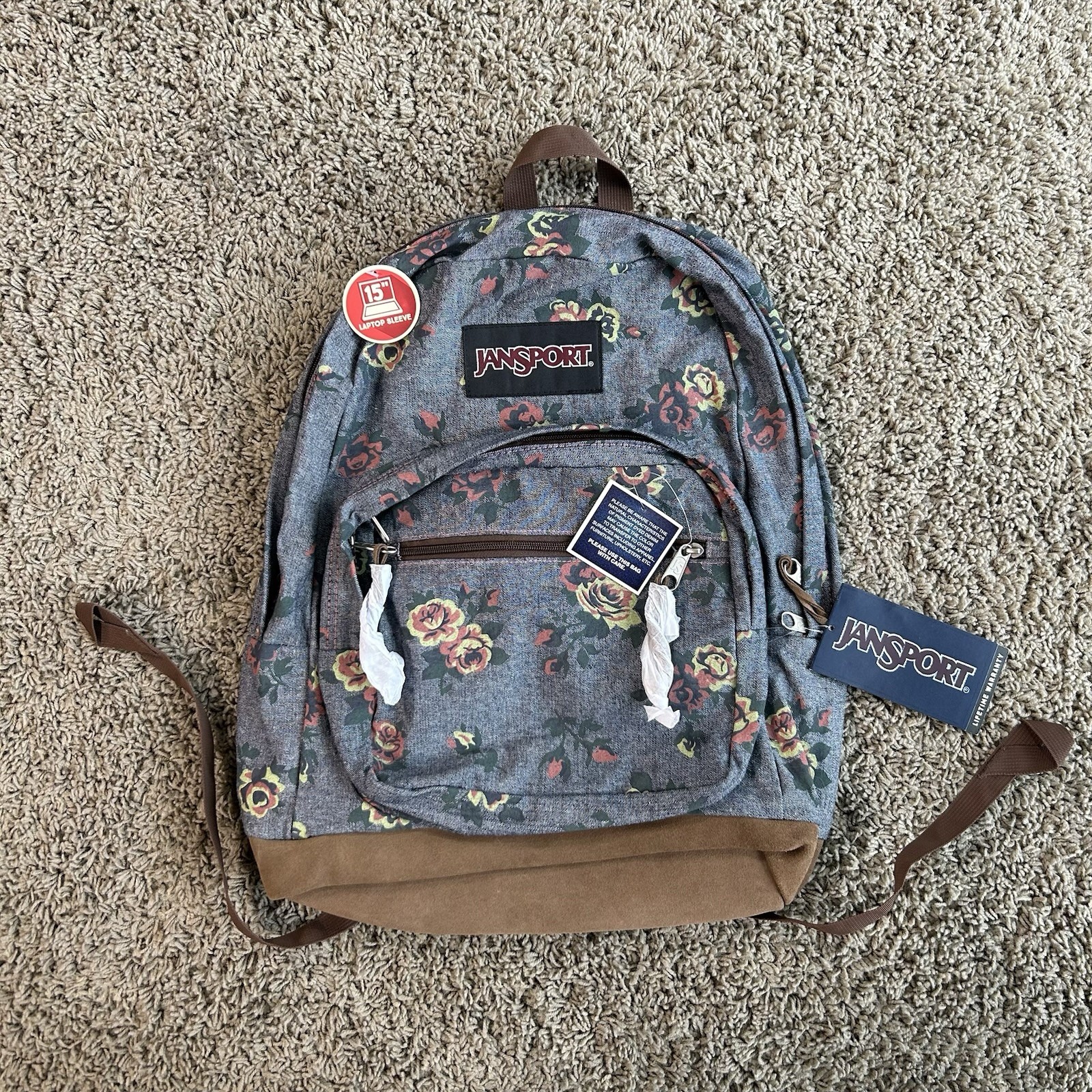NWT JanSport Originals Womens Backpack Denim Chambray Floral 15 Inch Laptop Bag