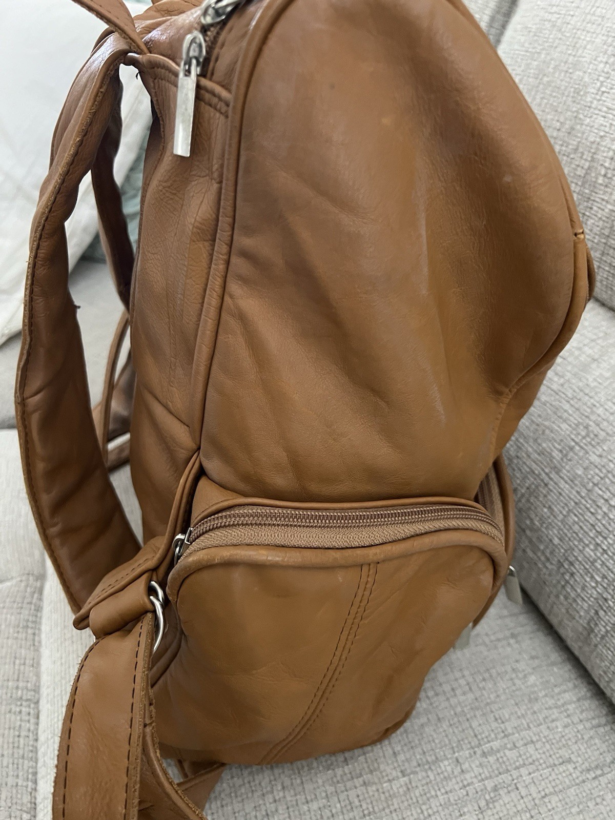 Genuine Soft Leather Backpack Unisex Caramel Color 5 Pocket Travel Bag