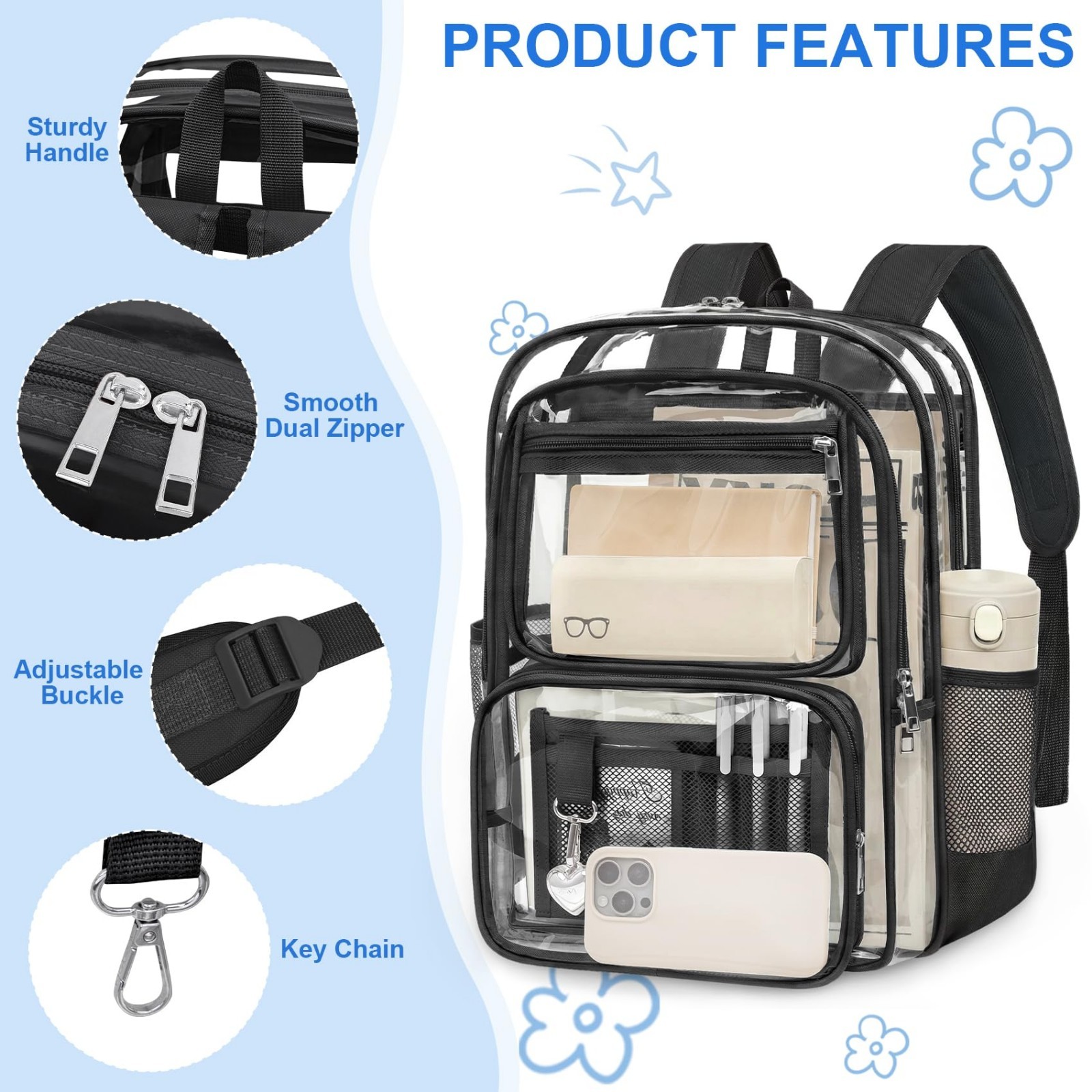 Large Heavy Duty Clear Backpack for School & Travel, Reinforced PVC See-Through