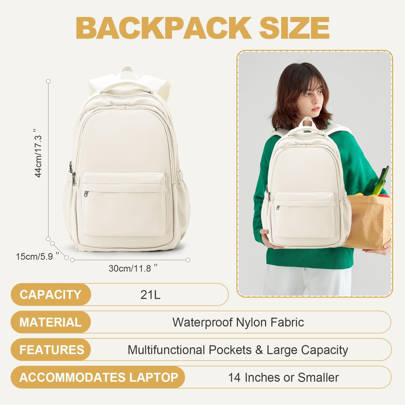 Beige Lightweight School Backpack, Laptop, Travel Daypack, College, Teen, Boys
