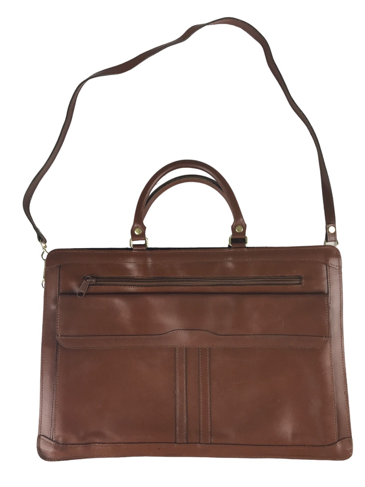 Unisex Brown Leather Pockets Dividers Detachable Strap Double Handles Bag