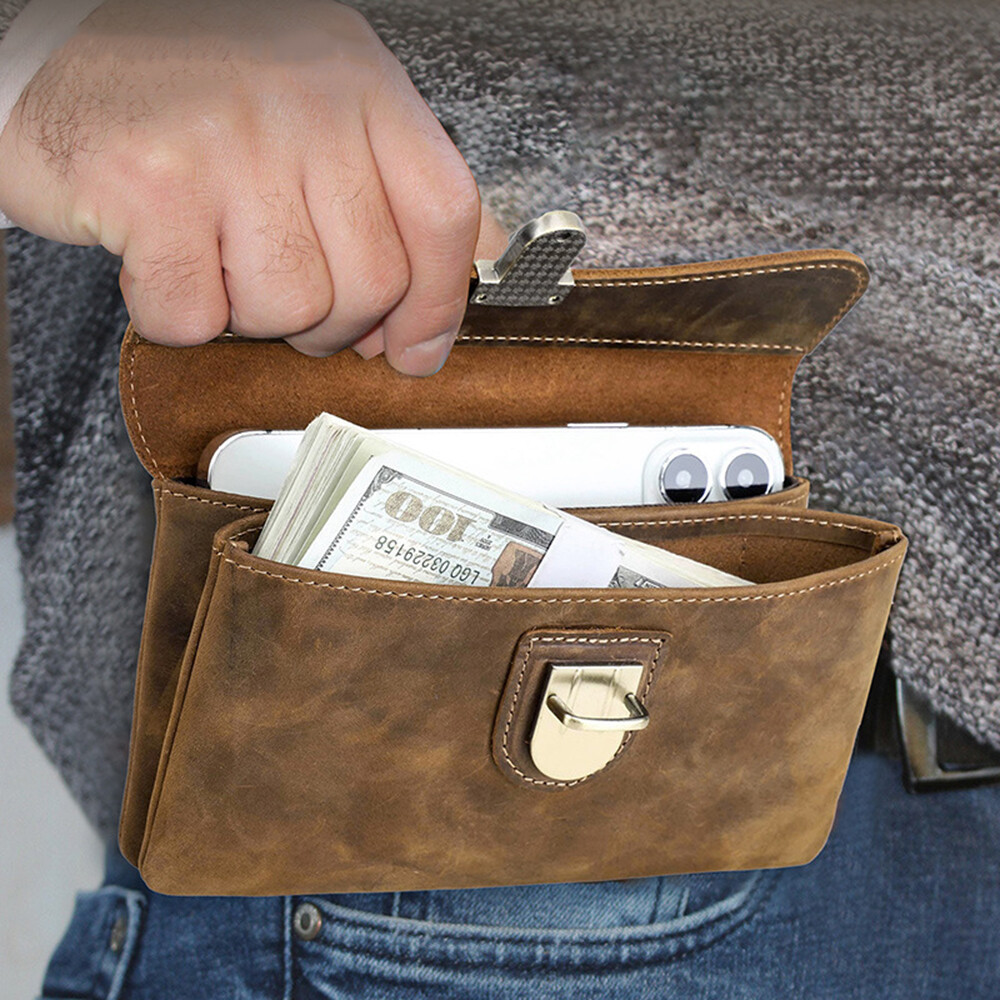Genuine Leather Cell Phone Belt Clip Holster RFID Waist Bag Wallet Carrying Case