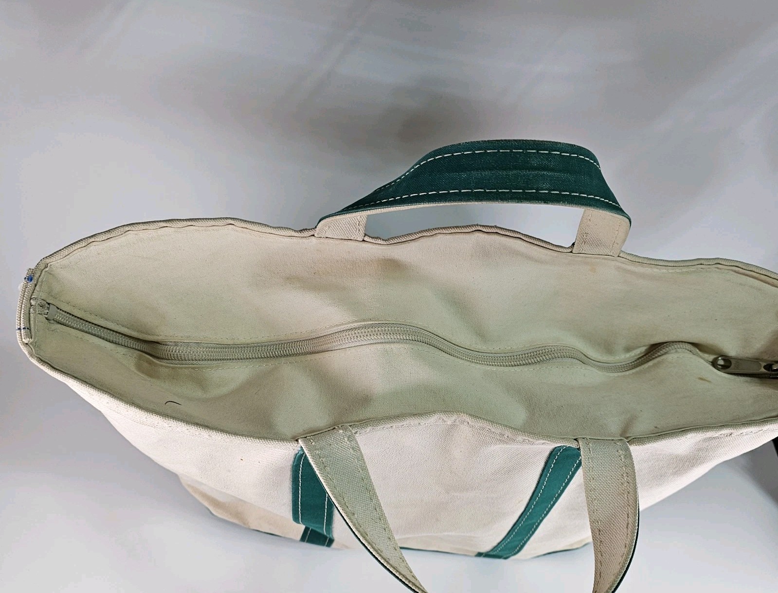 Vtg LL Bean Boat And Tote Bag Canvas Green Zip Top Heavyweight Large 21x13x7