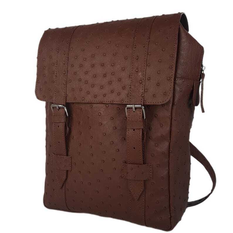 Men’s Backpack GENUINE Ostrich Leather Exotic Luxury Large Brown Bag for Laptop