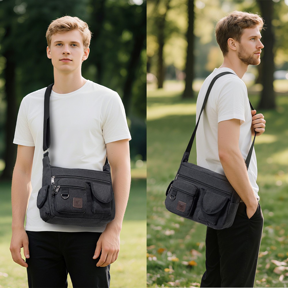 Mens Canvas Crossbody Messenger Bag Multi-Pocket Casual Shoulder Bag Work Travel