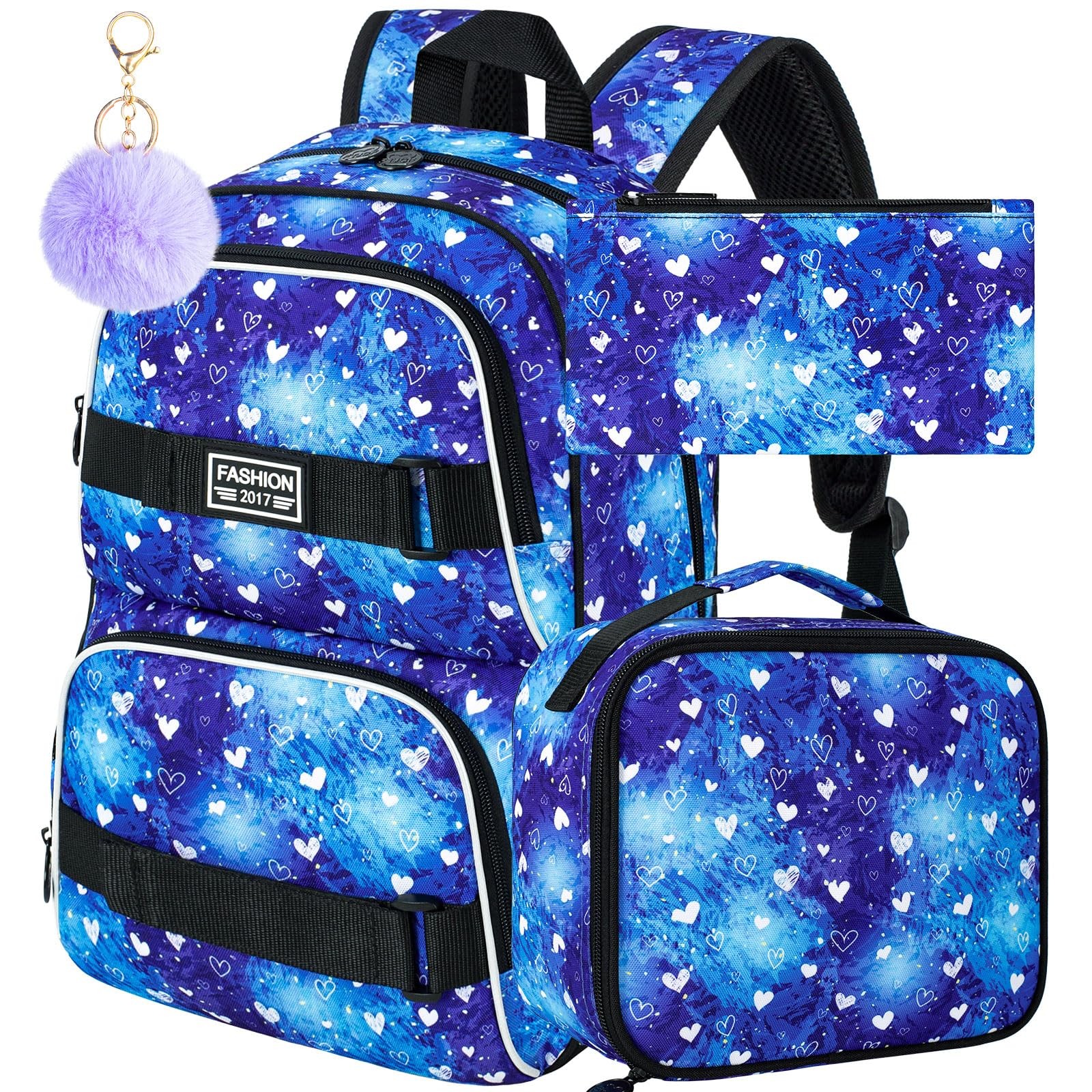 17 Inches Girls Backpack 3Pcs Love Laptop Backpacks with Lunch Bag Water Resi…