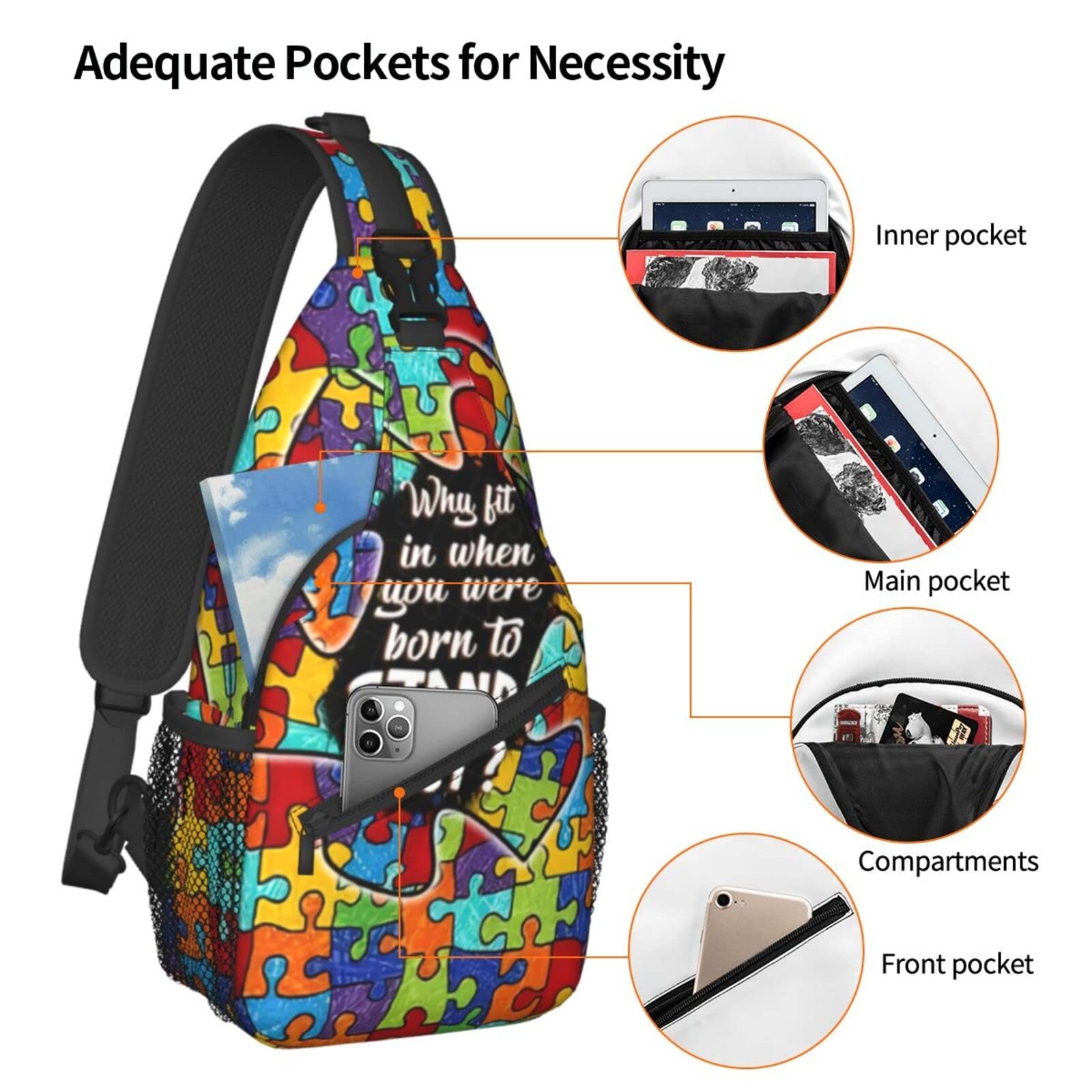Autism Pattern Sling Backpack Travel Hiking Daypack Awareness Crossbody Bag