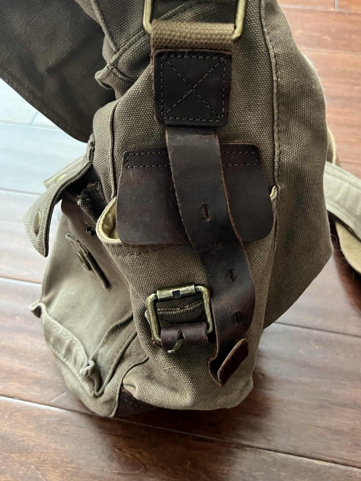 S-ZONE Brown Leather Canvas Zip Button Multi Pocket Shoulder Strap Messenger Bag
