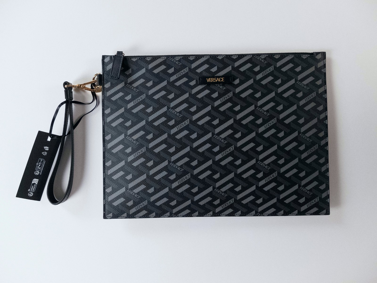 (NO CUSTOMS TAX) VERSACE La Greca black & gray coated canvas large clutch NWT