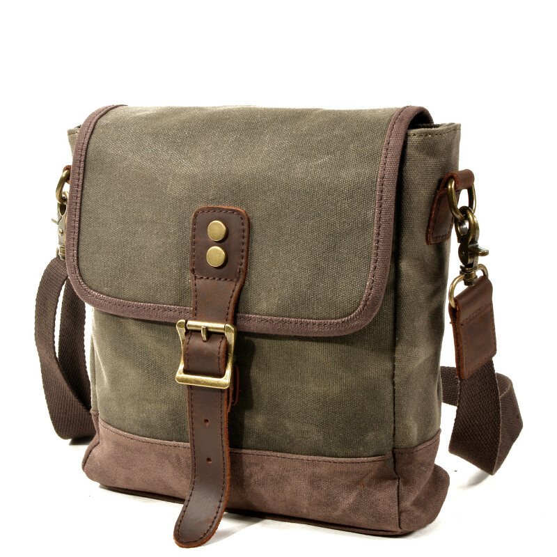 Genuine Leather Canvas Bag Messenger bag Crossbody Shoulder Rucksack 23 27CM